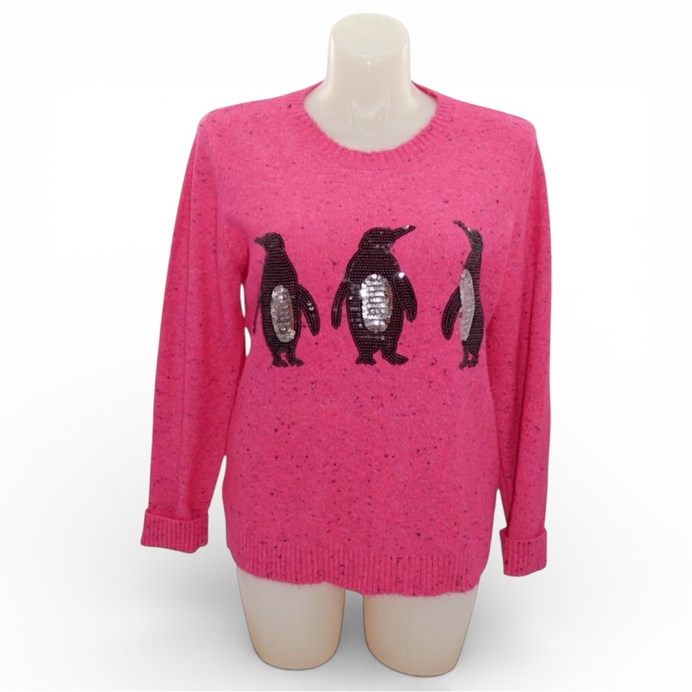 Karen Scott Pink Penguin Sequin Sweater XL Cozy Whimsical Knit